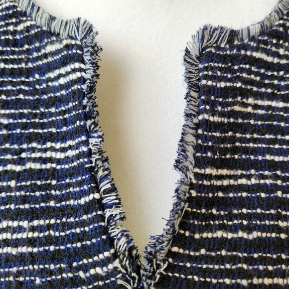 Tweed Fall Sheath Dress Navy Blue White Stripes Sleeveless Fringe Paris Size 10 - Picture 7 of 17